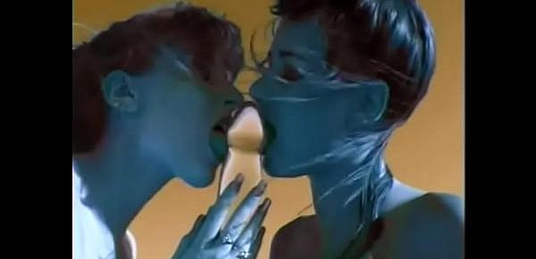  Couple of female aboriginal inhabitants with blue skin from Planet X Alyssa Allure and Heaven Lee perform strange ritual of rain summoning in the desert part